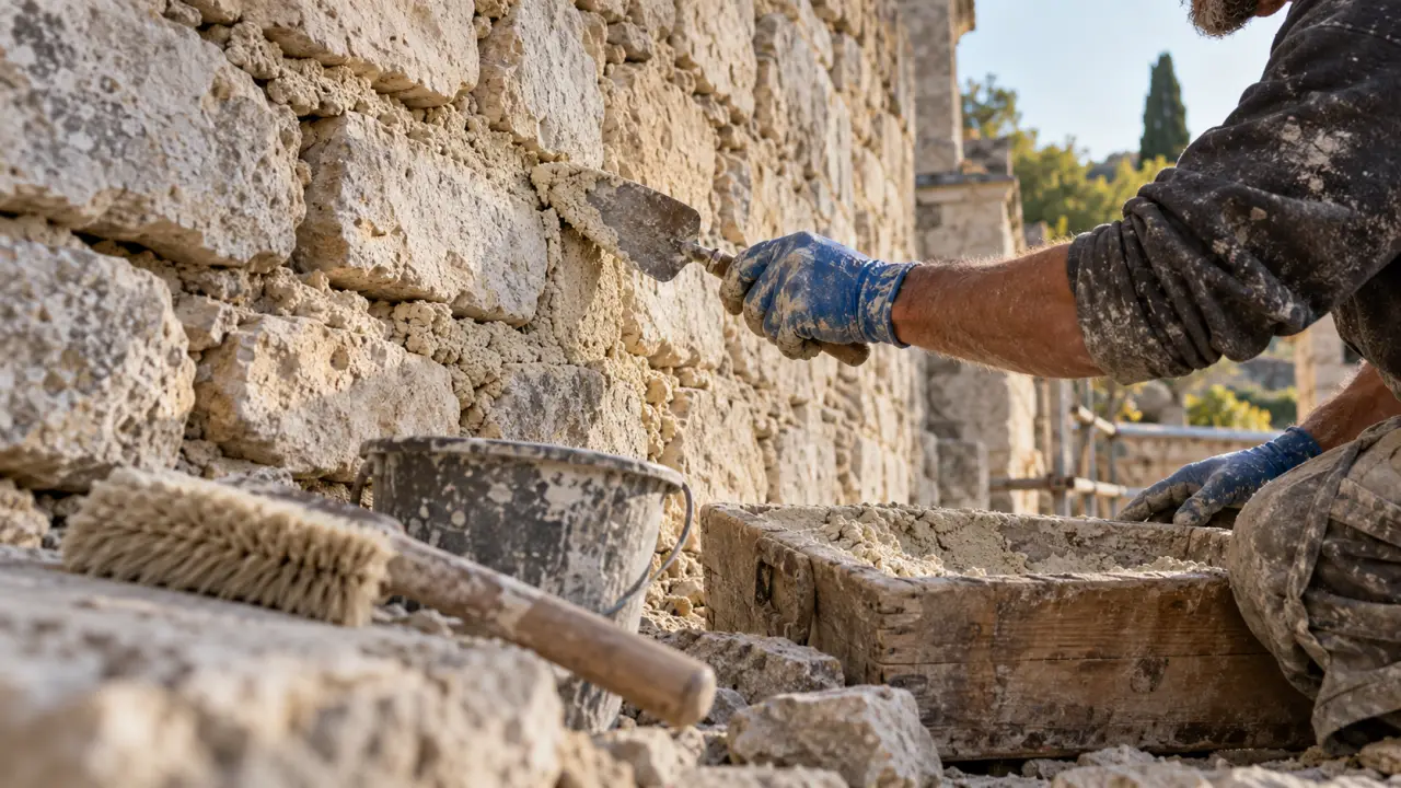 Jointage mur en pierre : joints creusés et mortier de chaux fraîchement appliqué