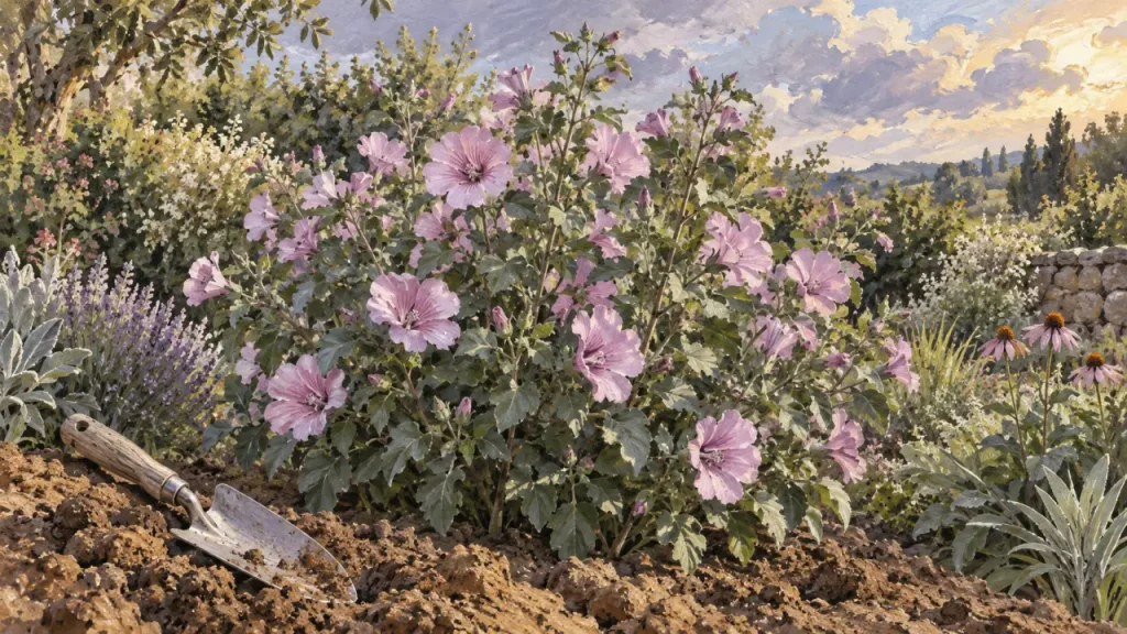 Lavatere arbuste en fleurs rose lilacé dans un jardin d’été