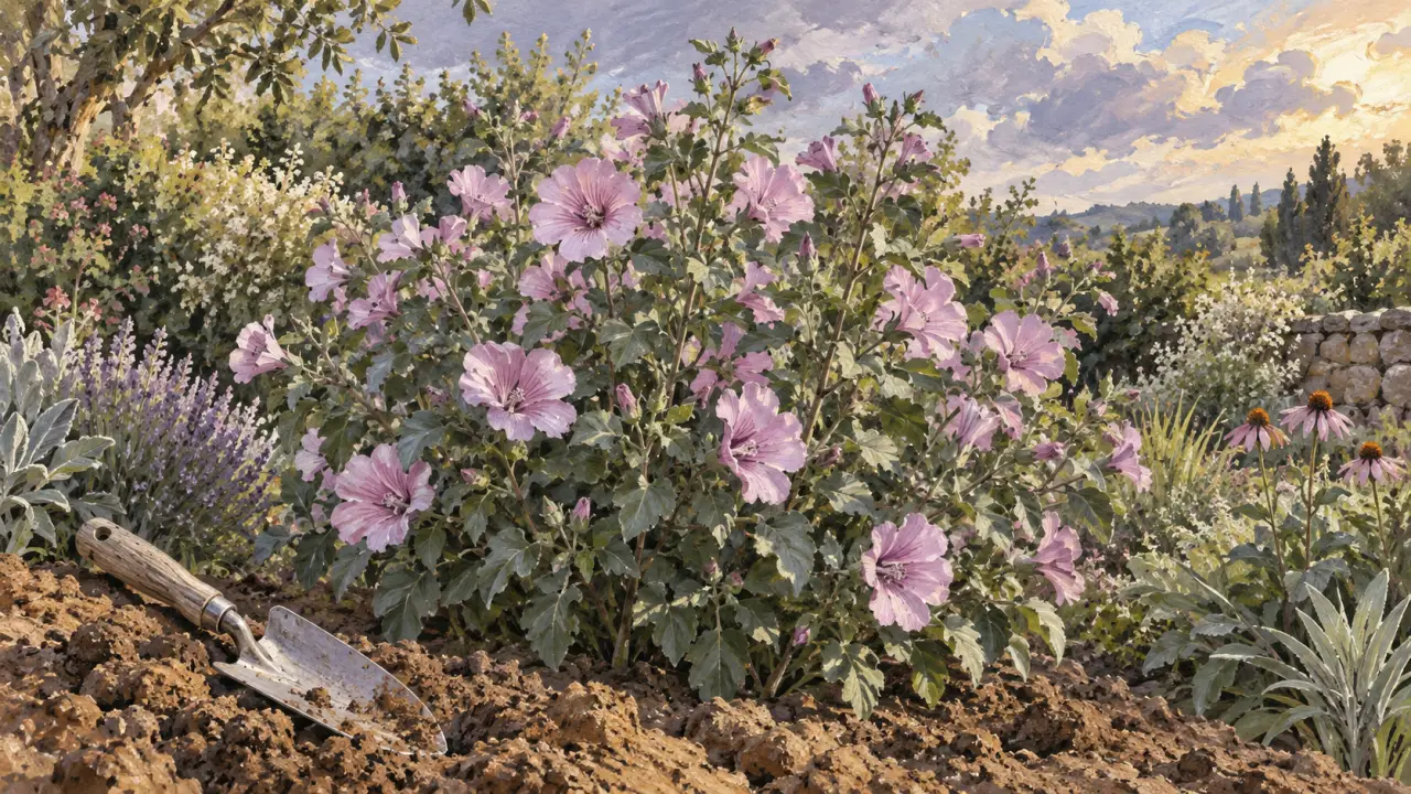 Lavatere arbuste en fleurs rose lilacé dans un jardin d’été