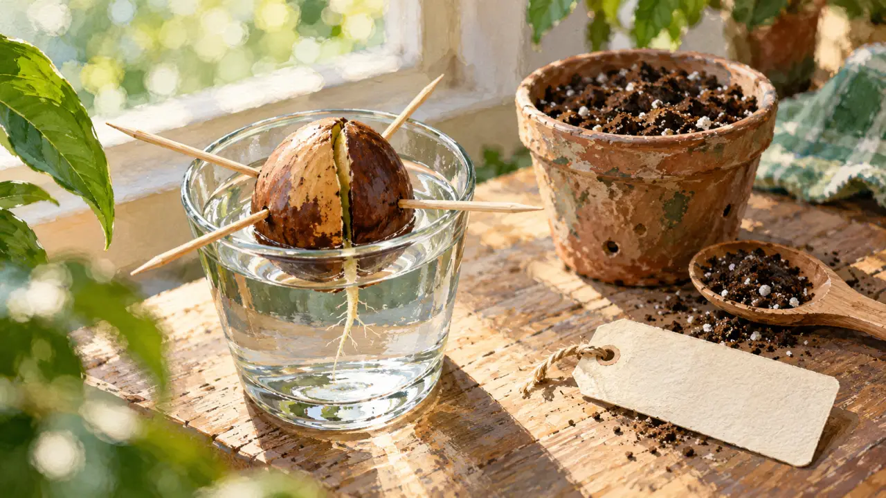 Noyau d avocat en verre avec racine blanche et pot de terreau