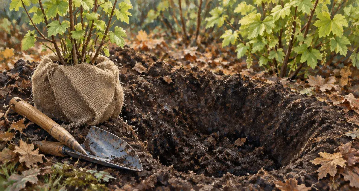 Trou pour planter groseiller, motte de groseillier et terre fraîche