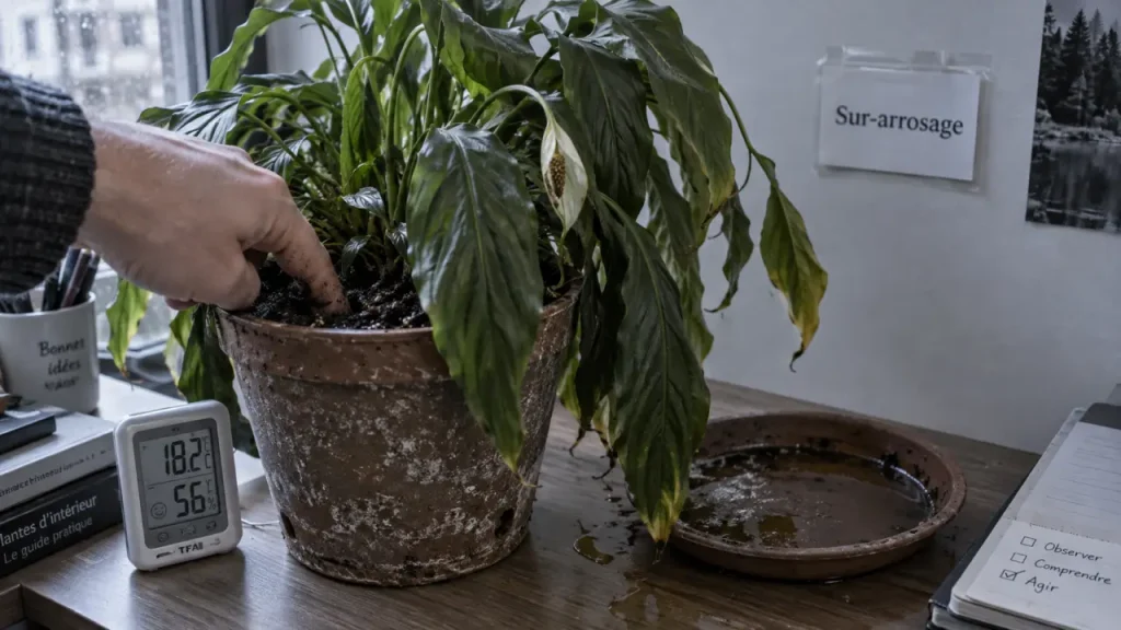 Spathiphyllum trop arrosé : terreau humide et pourriture des racines