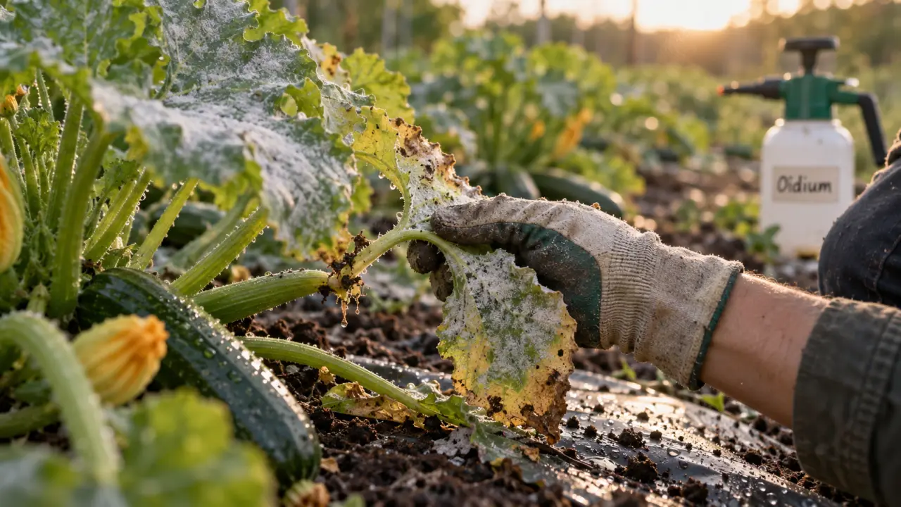 Traitement oidium courgette : feuille blanchie retirée